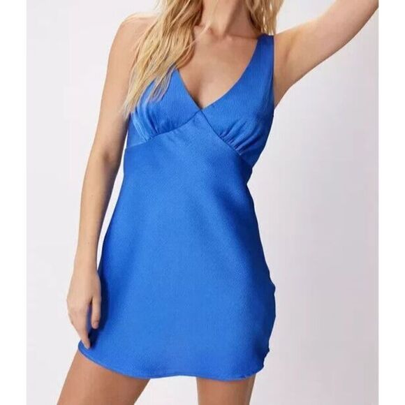Nasty Gal WJRNG0678 Women's Sz 6 Cobalt Blue Satin V-Neck Ruched Bust Mini Dress - Picture 10 of 11